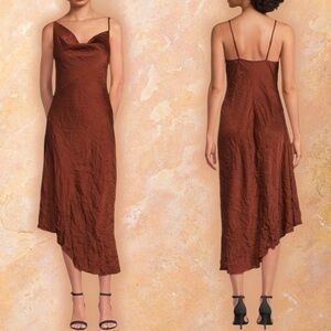 NWT A.L.C. Pixie Asymmetric Crinkle Satin Midi Length Slip Dress in Burnt Umber